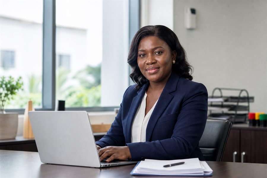 Hospital administrator working at a laptop in an office