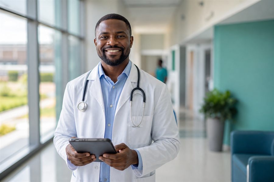 Doctor in a white coat holding a tablet in a hospital corridor