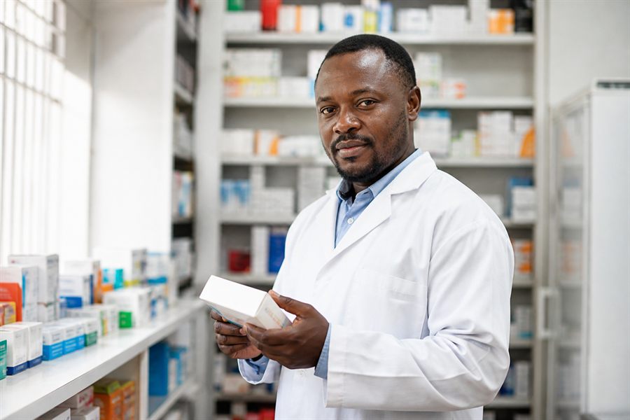 Pharmacist in a white coat checking medication in a hospital pharmacy